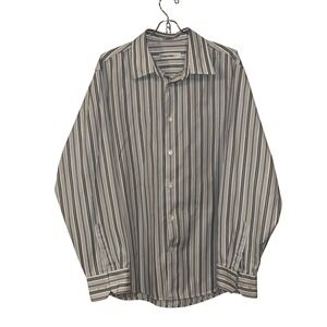 Calvin Klein Mens Grey Striped Long Sleeve Button Down Cotton Shirt Size L
